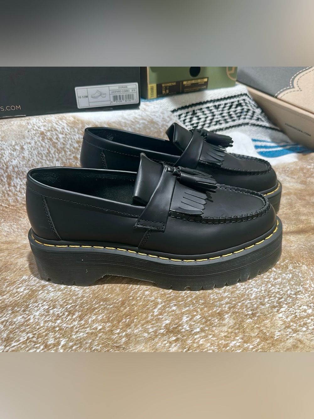 Dr. Martens Black Tassel Kiltie Platform Loafers with Yellow Stitching